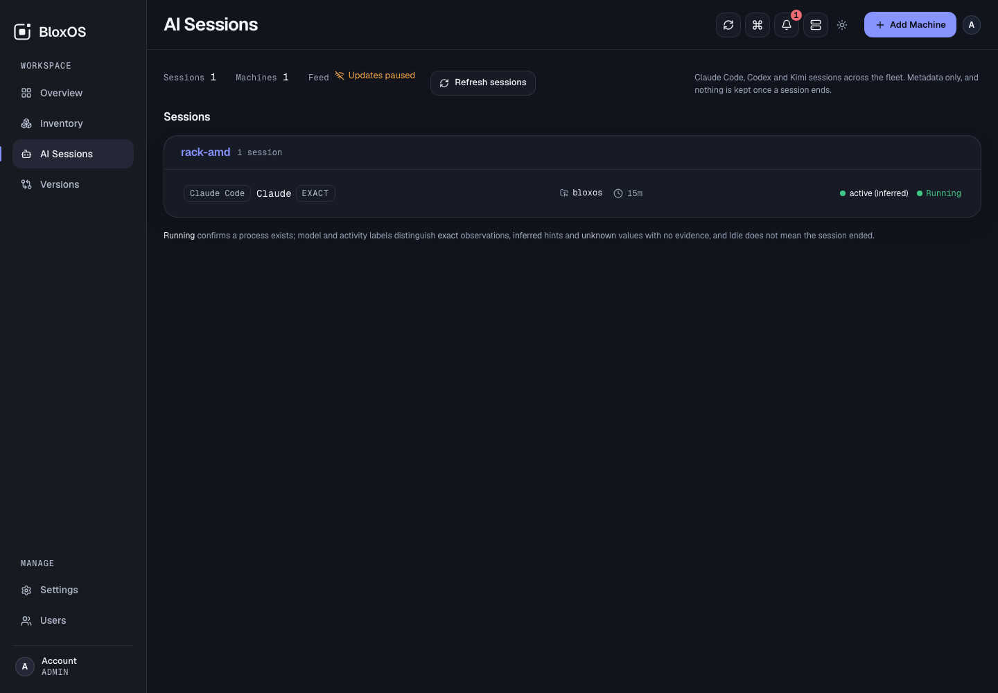 BloxOS AI Sessions page showing one synthetic Claude Code session