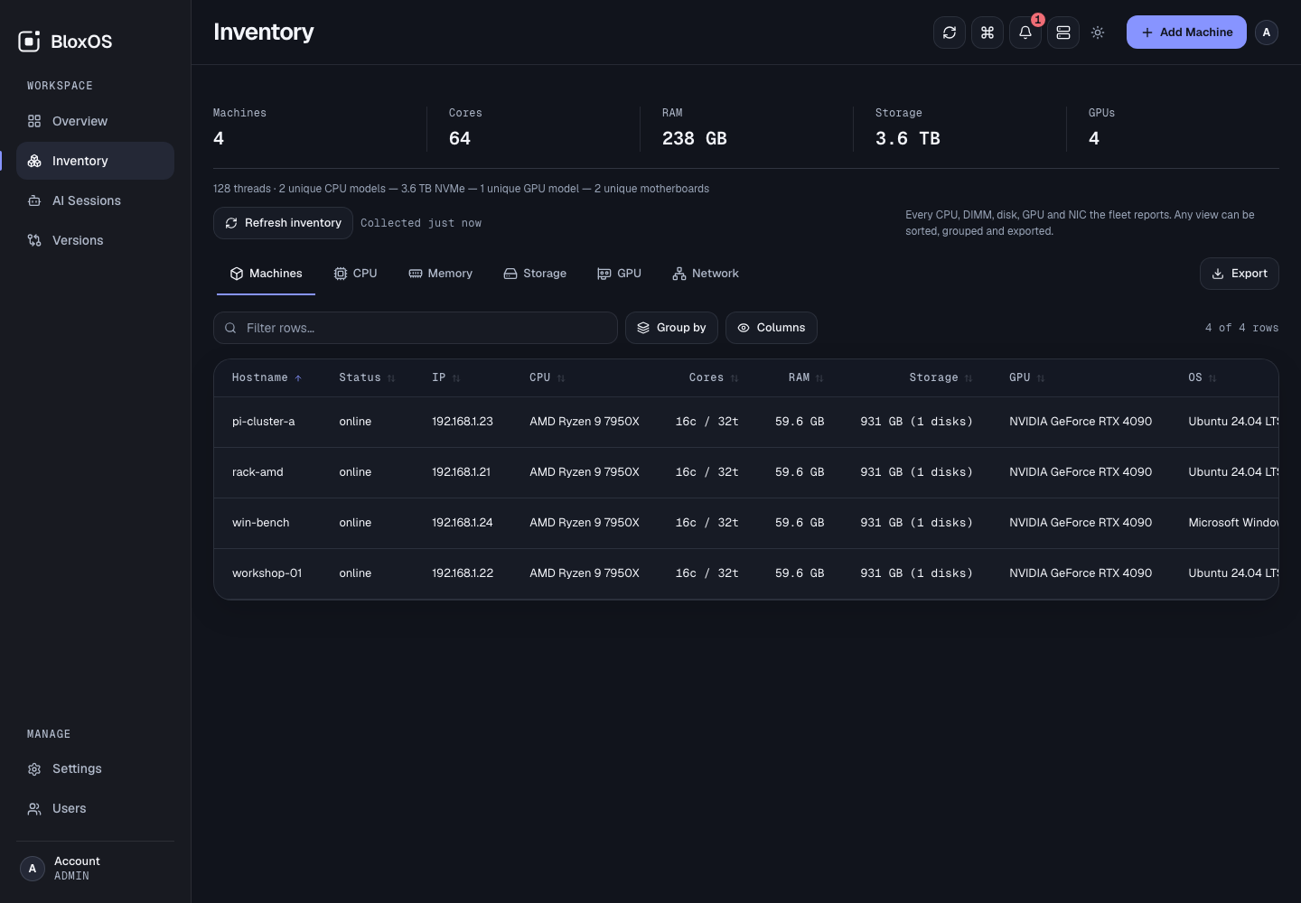 BloxOS Inventory page showing fleet totals and a searchable machine hardware table